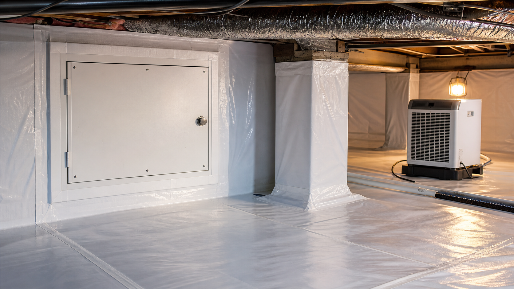 Crawl space access opening with a dehumidifier inside in Knoxville, TN