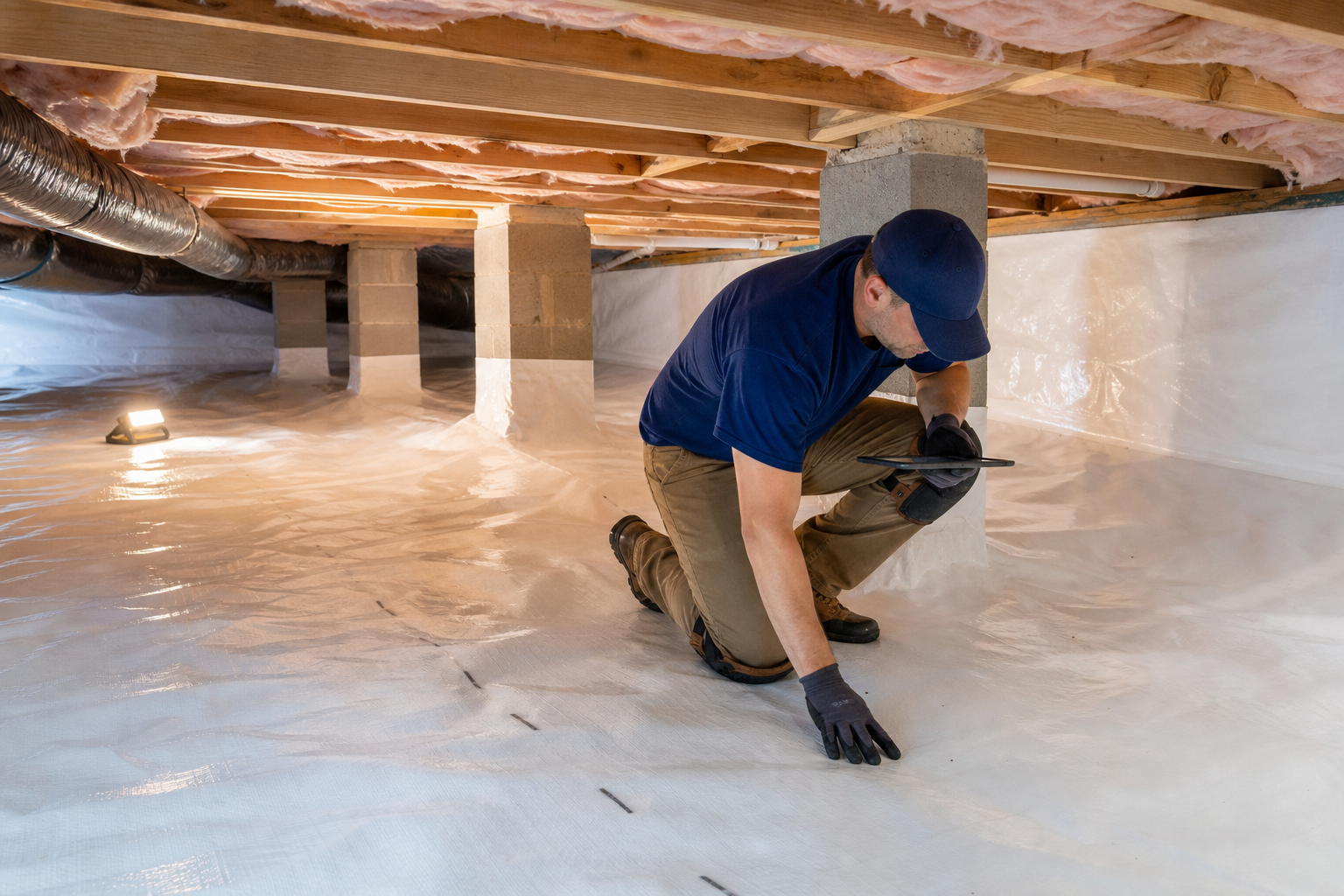 Technician inspecting a sealed crawl space liner seam in Knoxville, TN