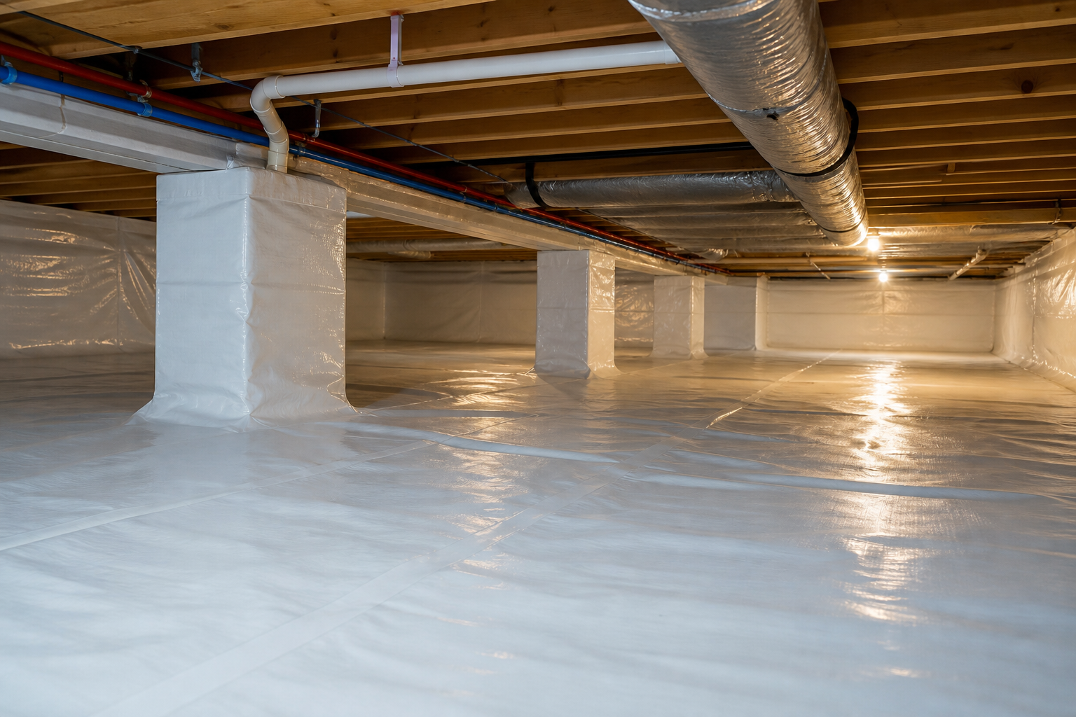 Finished crawl space encapsulation with sealed liner and wrapped piers in Knoxville, TN