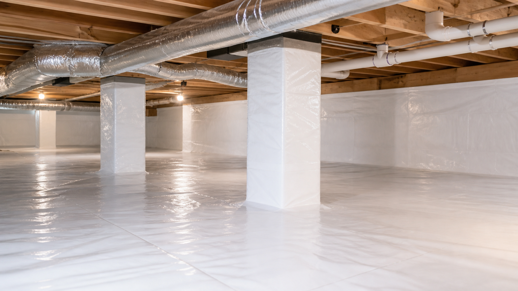 Wide view of a finished white crawl space encapsulation system in Knoxville, TN